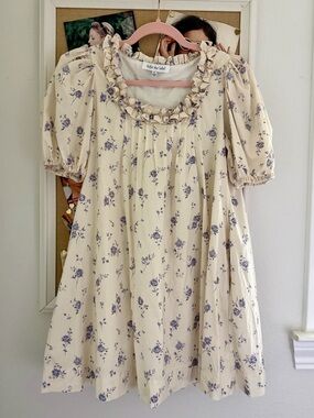 Cream Floral Puff-Sleeve Dress with Ruffle Neck (Sofie the Label)
